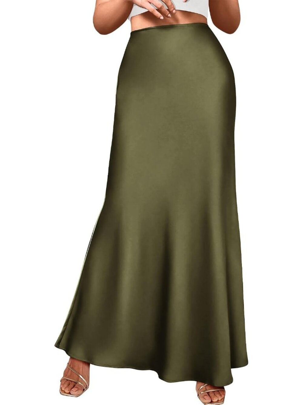 Women's Army Green Satin Silk High Waist Flared Pull On Maxi Mermaid Satin Skirt